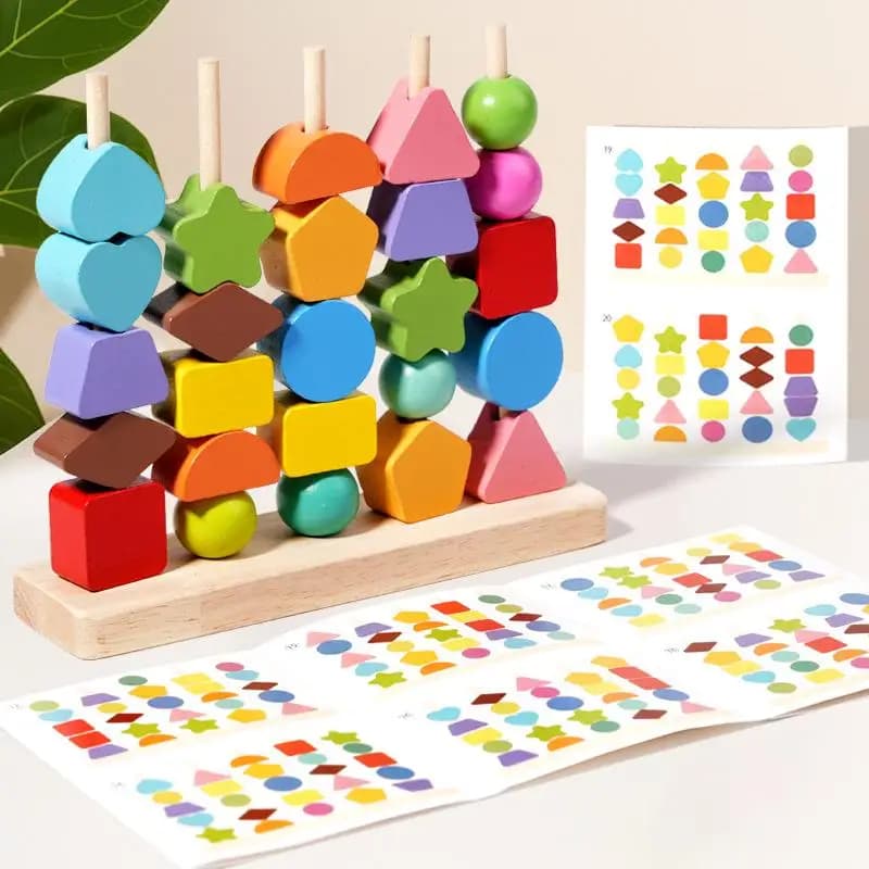 Set di Blocchi Impilabili, Perline da Infilare e Gioco di Abbinamento Forme, Giocattoli Educativi Montessori in Legno, Regalo per l'Apprendimento Precoce