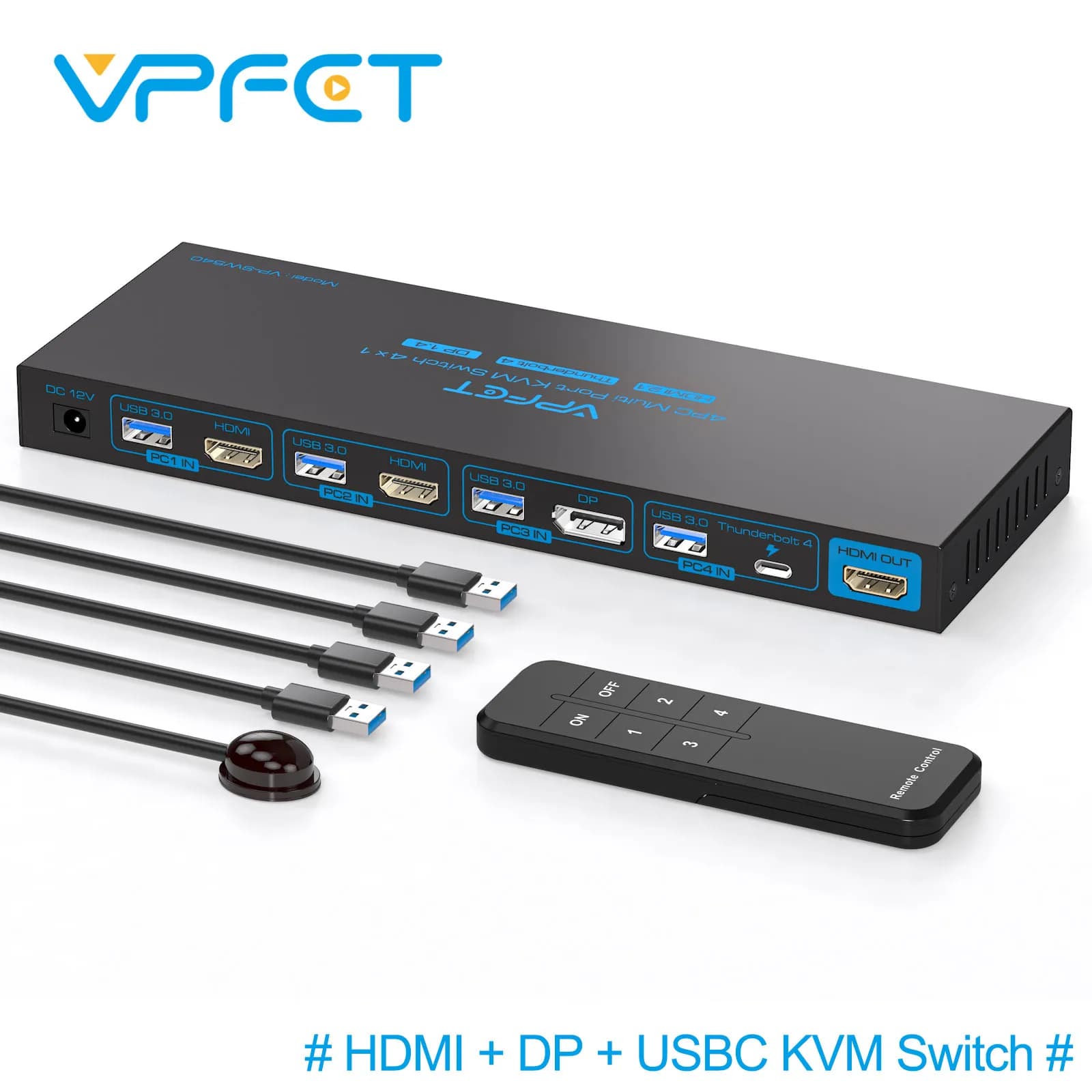 KVM Switch 1 Monitor 4 Computer HDMI Displayport Thunderbolt4 Switch KVM 4K144Hz for 4 PCs Share 1 Monitor Mouse Keyboard U Disk