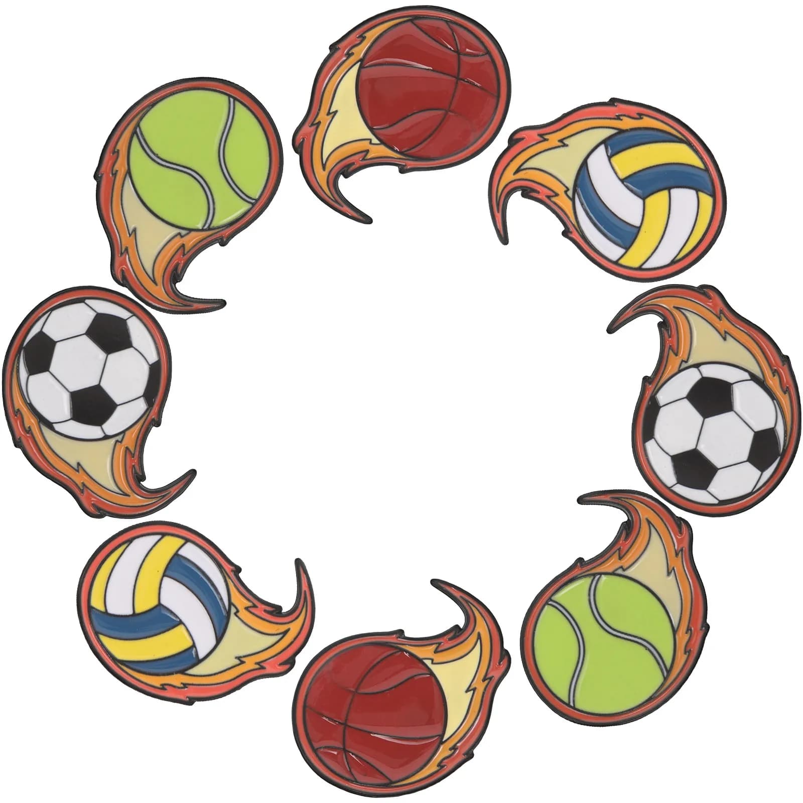 Set di 8 Spille da Bavero a Tema Sportivo: Pallacanestro, Calcio, Pallavolo, Tennis, Design Fiamma, Distintivi in Lega per Zaino, Giacca, Camicia, Festa