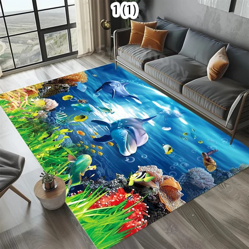 Tappeto Stampato con Squalo e Corallo del Mondo Sottomarino, Decorazione per Camera da Letto, Soggiorno e Cucina