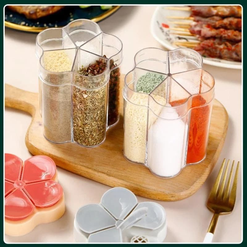 Barattolo di condimento 5 in 1 Contenitore di plastica Bottiglia di condimento Organizzatore di spezie Contenitore di condimento da campeggio all'aperto Set di gadget da cucina