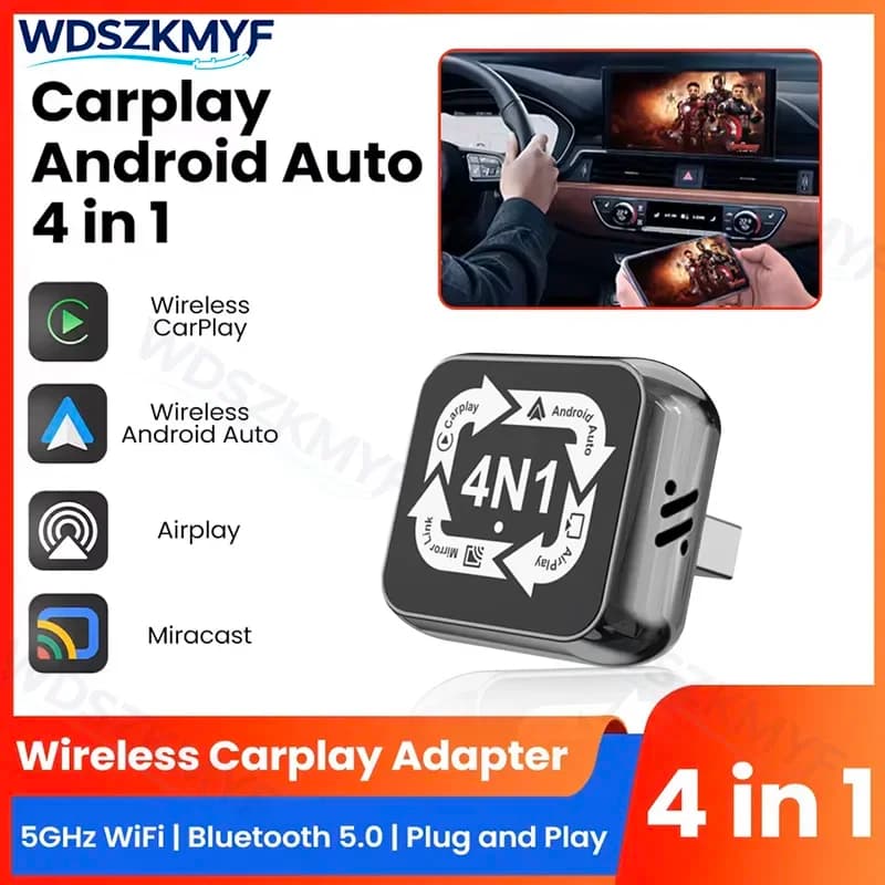 New 4in1 Carplay Adapter Wireless Android Auto Mirror Link Smart MiNi AI Box Plug and Play Wired to Wireless Auto Connect WiFi