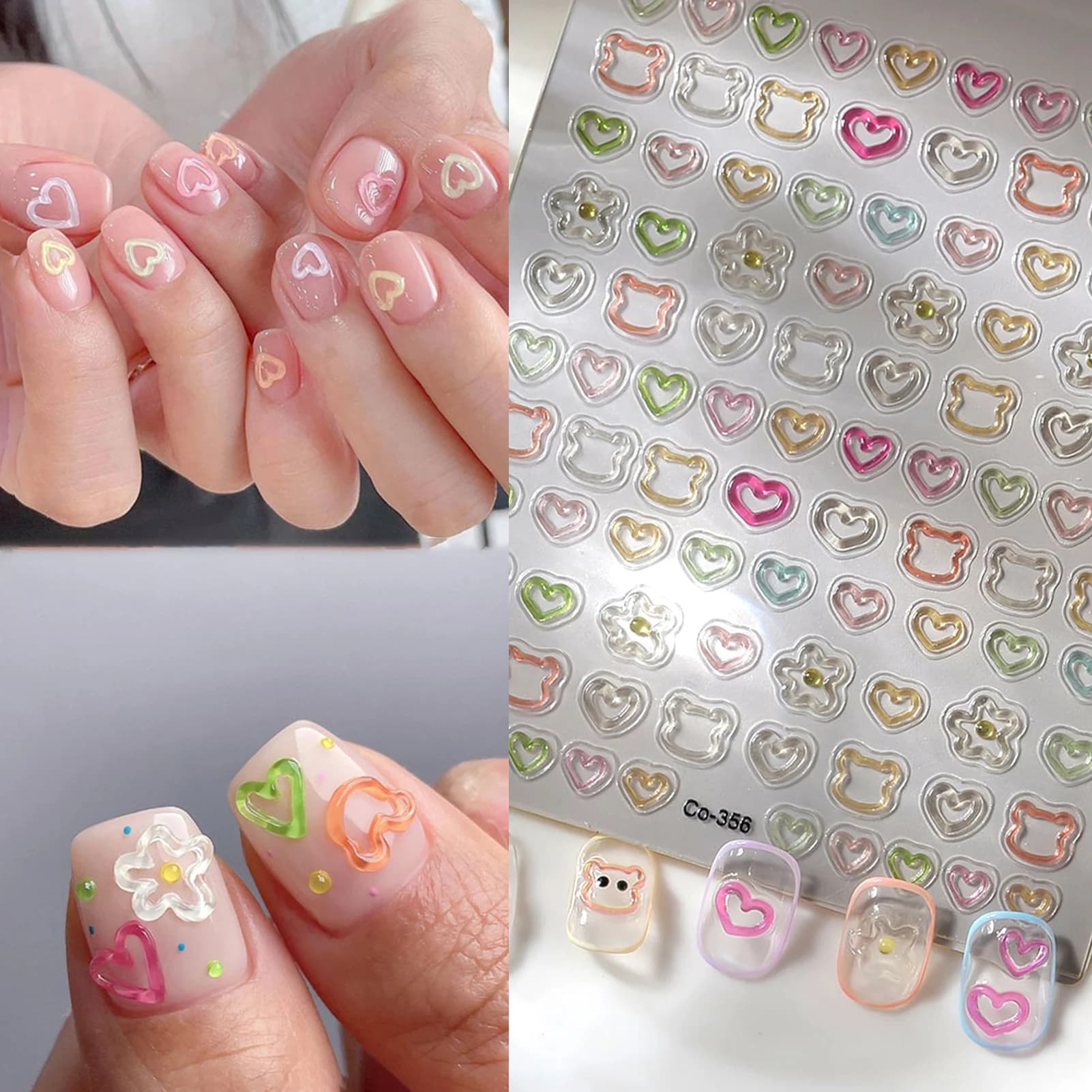 3D Nail Art Stickers Romantic Hollow Love Cute Bear Embossed Self Adhesive French Decals For Party And Wedding Nail Decorations