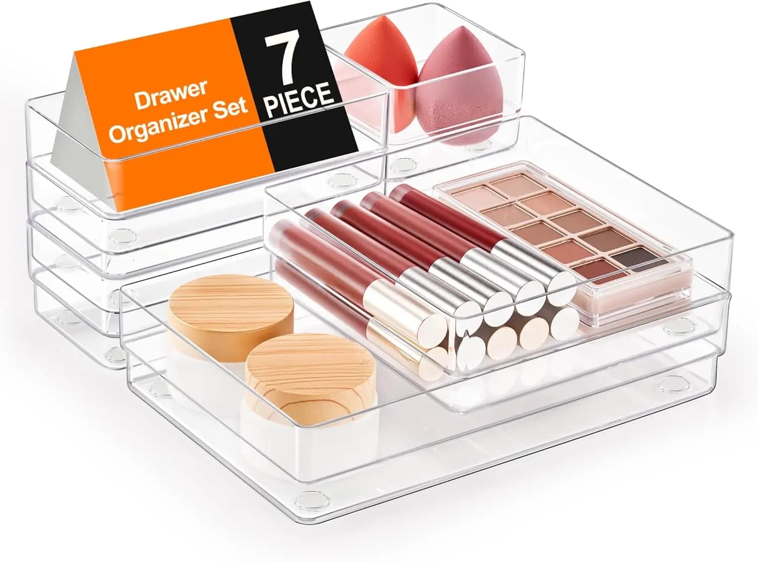 Set of 7 Transparent Organizers for Drawers with Anti-slip Bearings, 4 Measures for Office, Kitchen and Bedroom