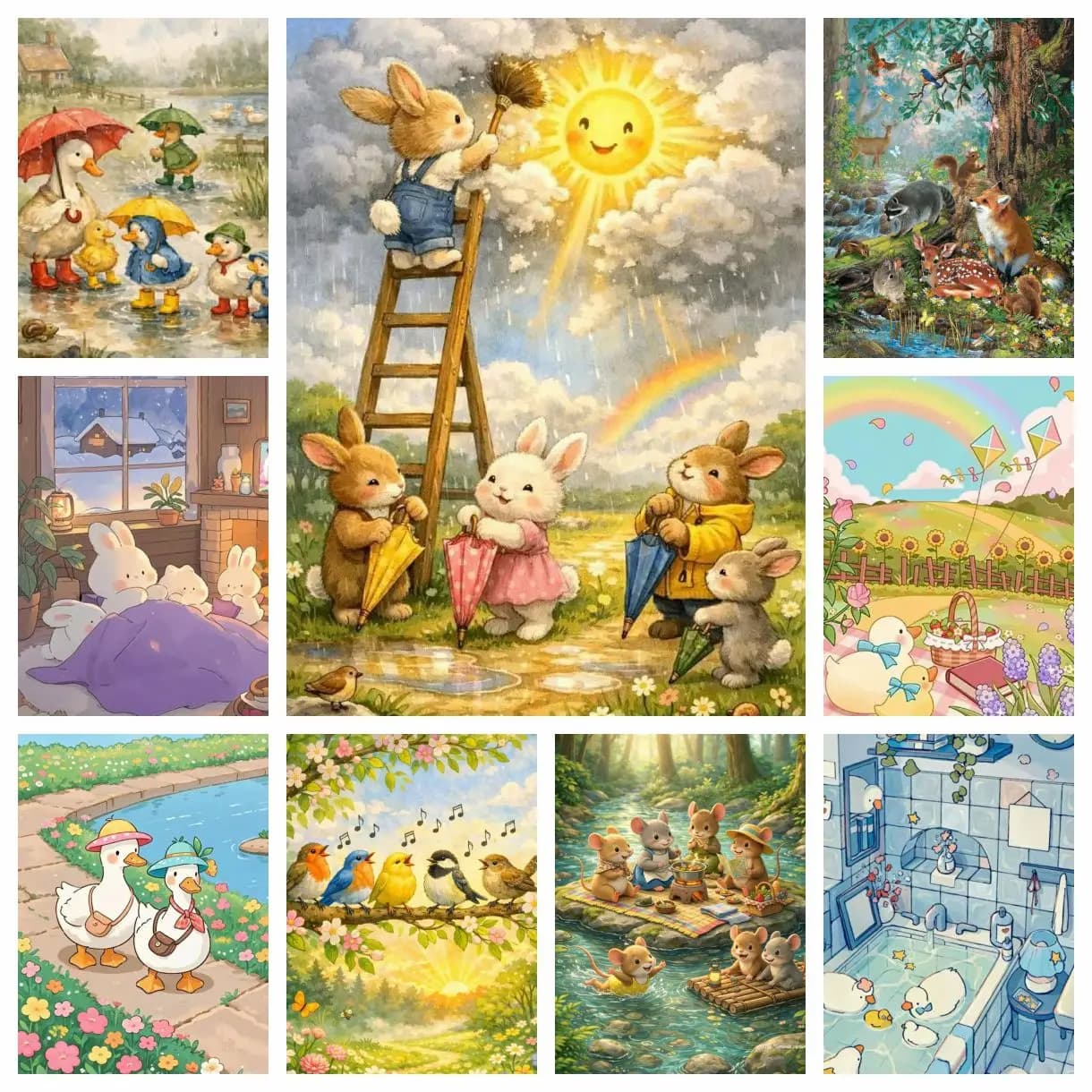 1 Pezzo Quadro Senza Cornice per Bambini, Cartone Animato con Animali Carini Assortiti, Pittura Diamantata Fai da Te Rotonda Completa, Coniglio Uccello Anatroccolo, per Soggiorno Camera da Letto D