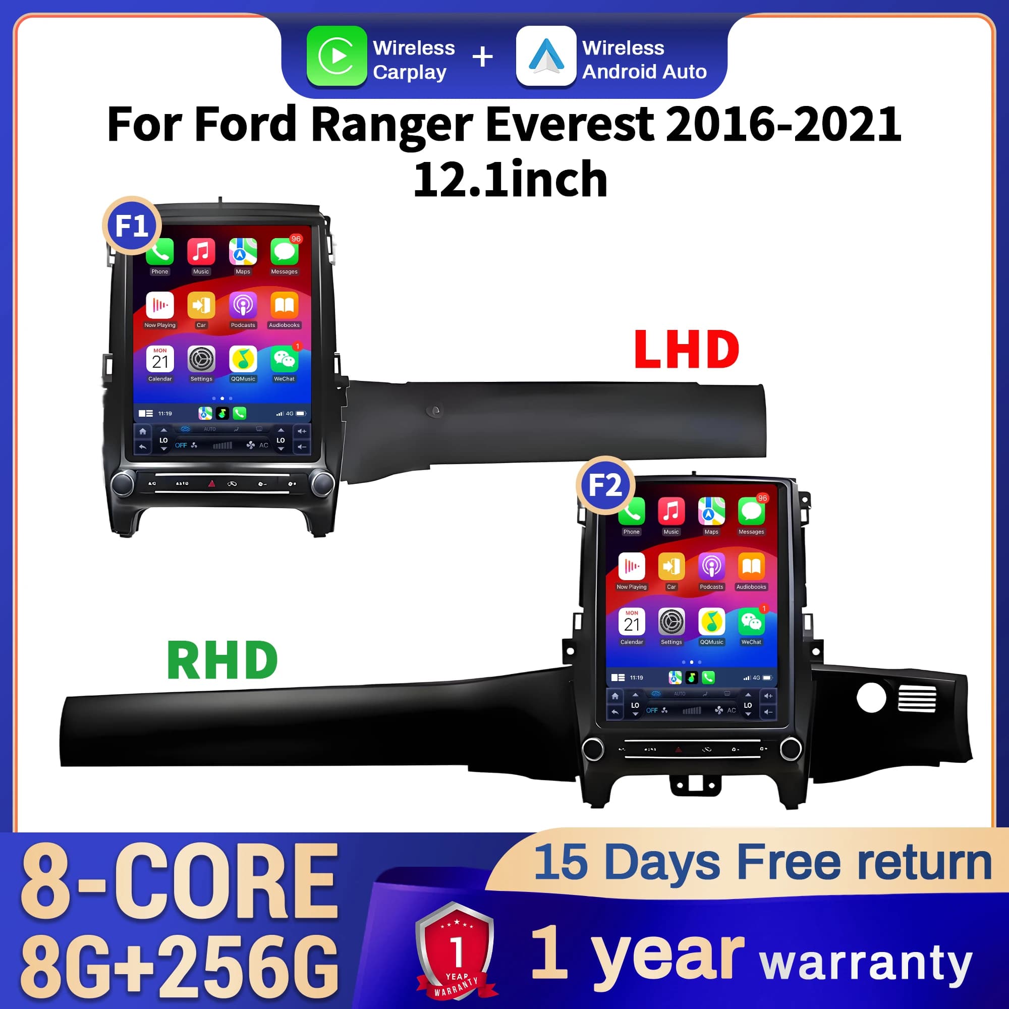 12.1 inch Android 14 For Ford Ranger Everest 2016-2021 Car Radio Wireless Bluetooth CarPlay Multimedia Head Unit Touch Screen