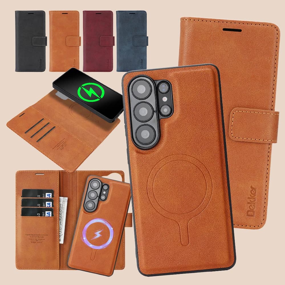 Leather Wallet Case 2 in 1 for Samsung Galaxy S26 S25 Ultra S24 Plus S23 S26U S25U with Wireless Charging and Card Slot