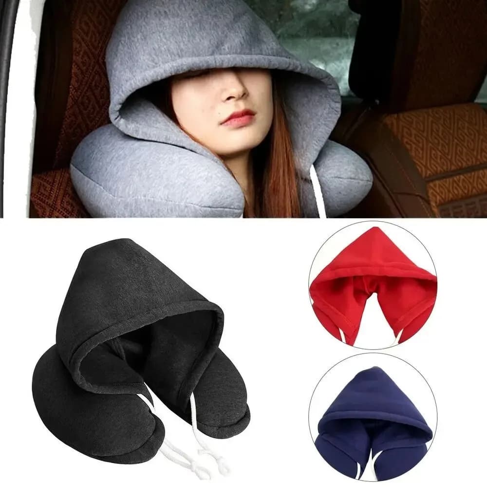Cuscino da Viaggio a Forma di U con Cappuccio per Riposino, Supporto per il Collo, Portatile e Versatile per Ufficio, Aereo, Casa