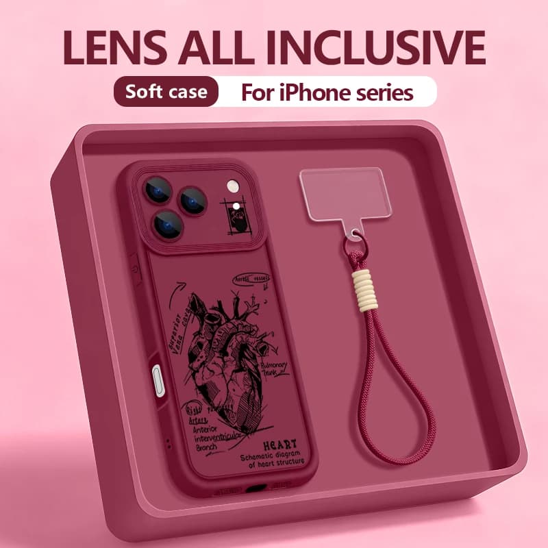 Custodia per telefono con cordino e motivo a cuore creativo per iPhone 17 Pro Max 16 14 15 17 12 13 Pro Max Air 16e 11, cover in TPU con cinturino da polso