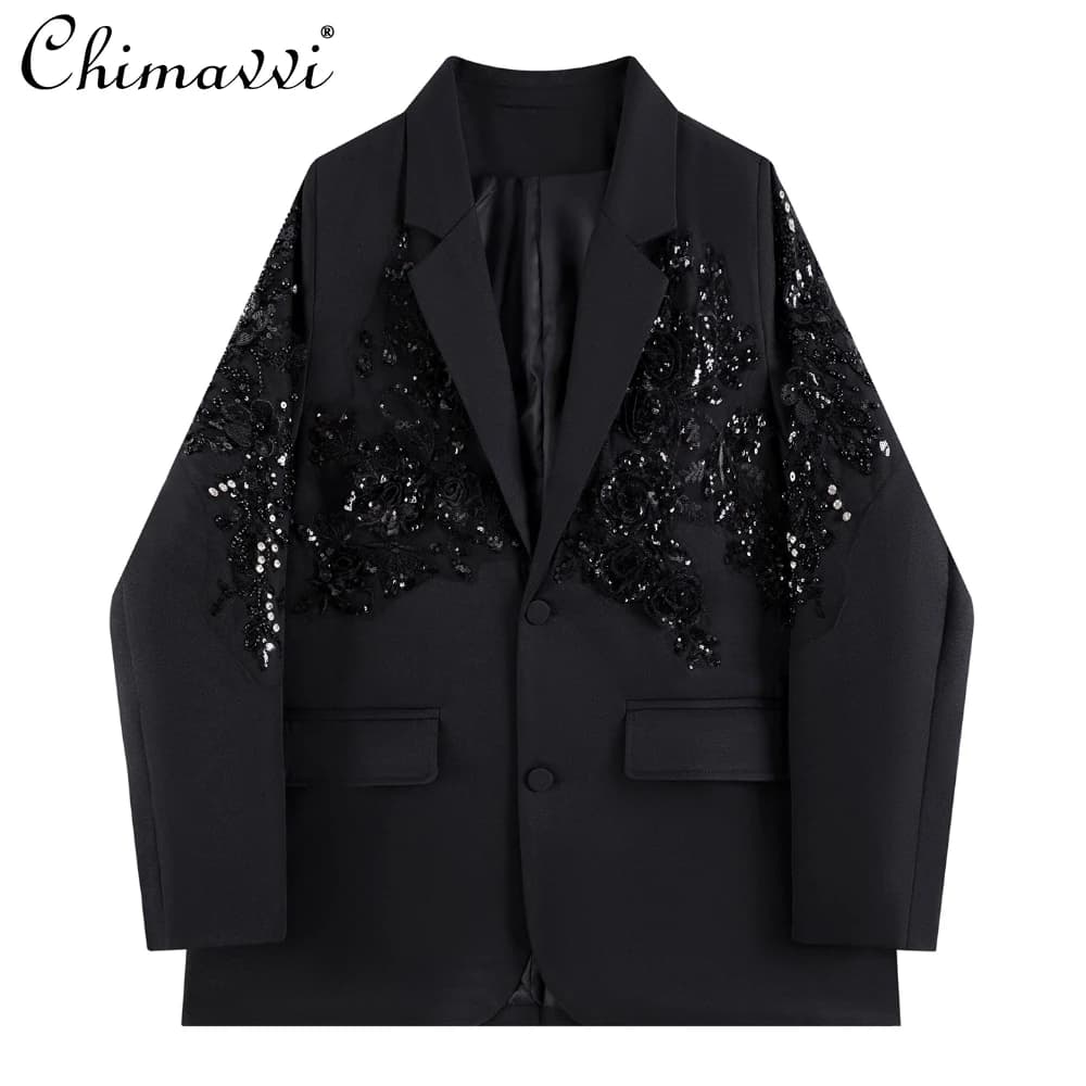 Blazer ricamati con paillettes floreali 3D per l'industria pesante in stile francese Cappotto da donna nero versatile casual allentato autunno