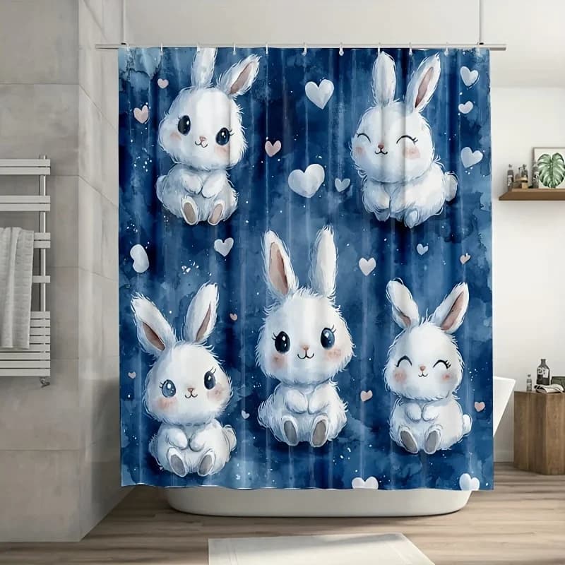 ~O~1pc Tenda da doccia con animali Kawaii Chibi - Creature soffici bianche, sfondo blu, cuori e stelle, 71x71 pollici, poliestere, 12 Ho