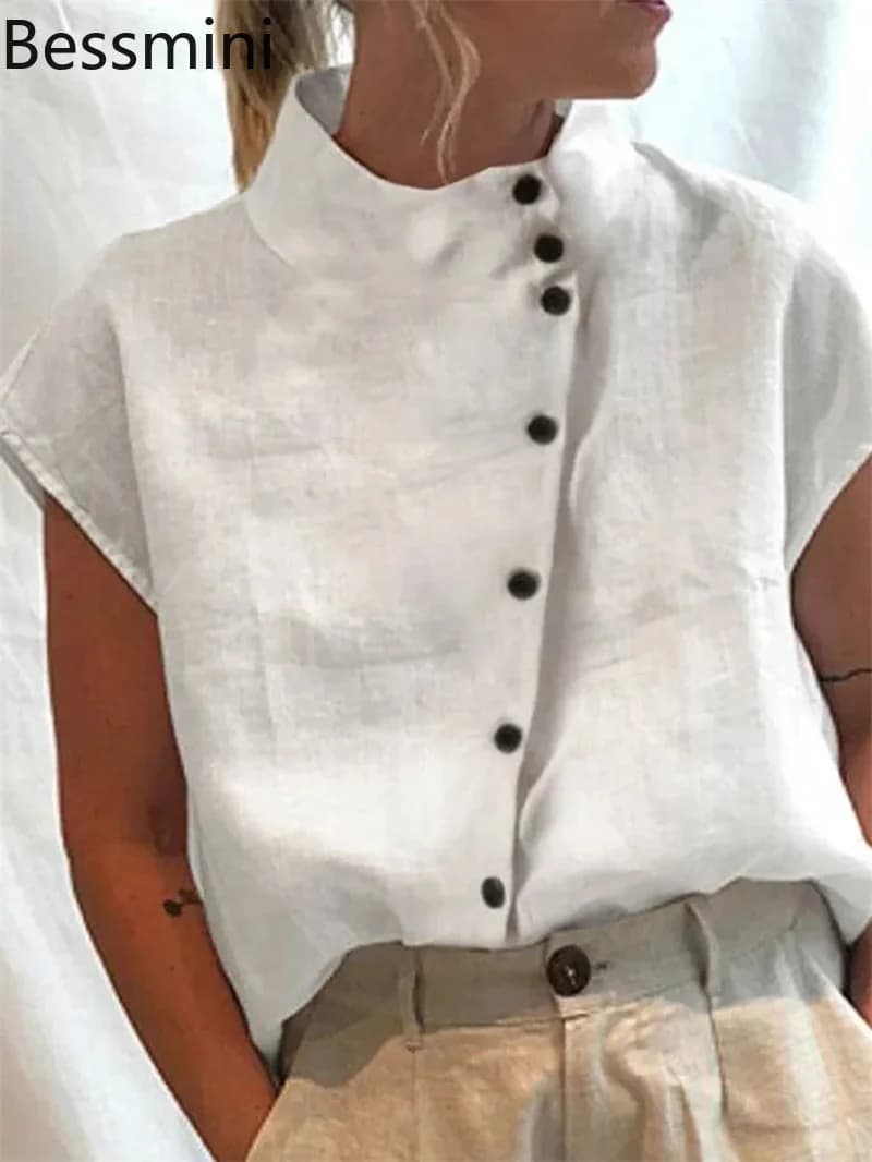 Elegante Camicia in Cotone e Lino con Collo Alto da Donna, Stile Semplice Estivo 2026, Cardigan Monopetto, Top Casual Ampio da Donna