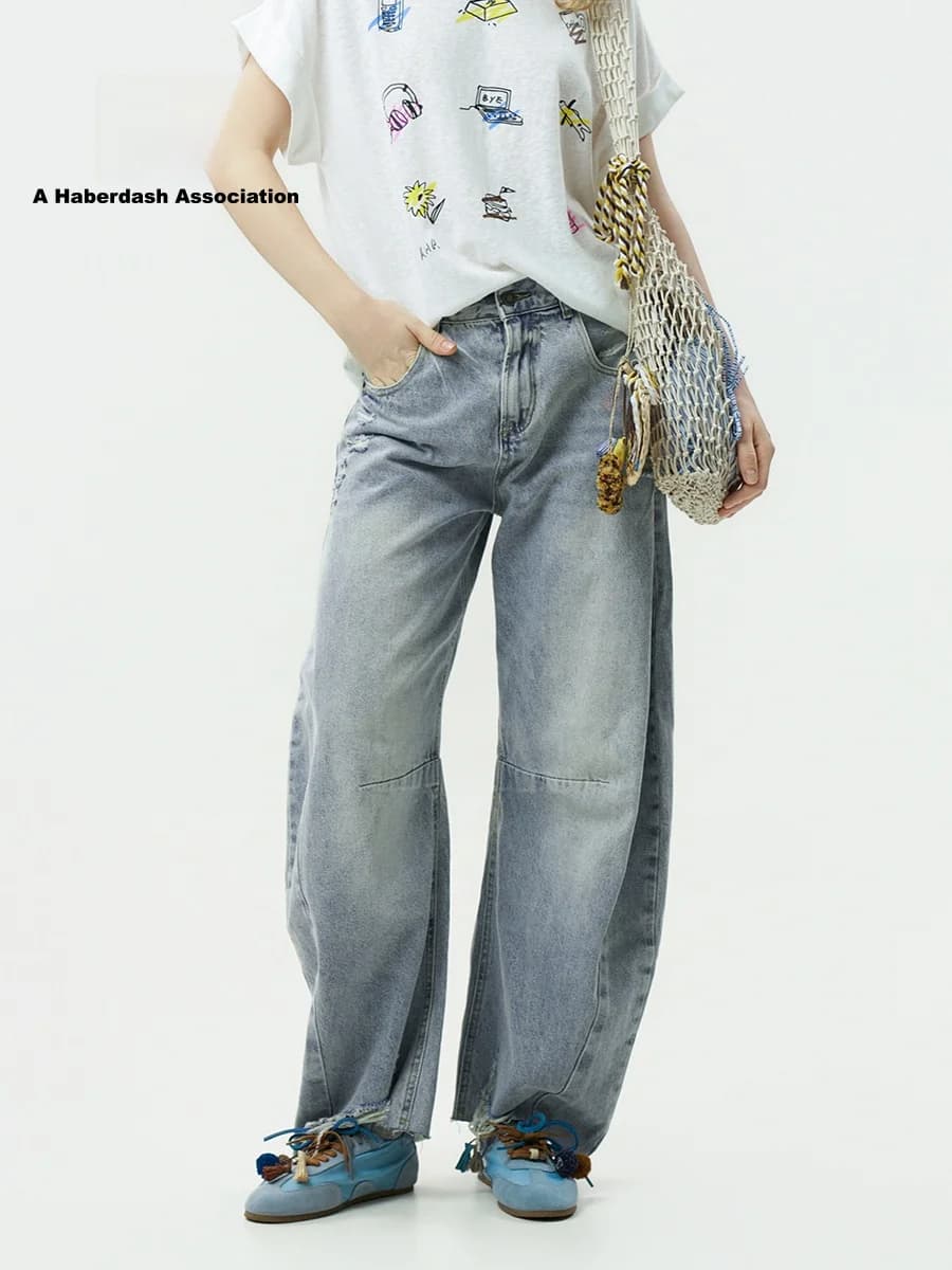 Jeans in denim AHA stile street con stampa, vita naturale, gamba larga, in cotone, con cerniera, morbidezza media, classe B, per adolescenti