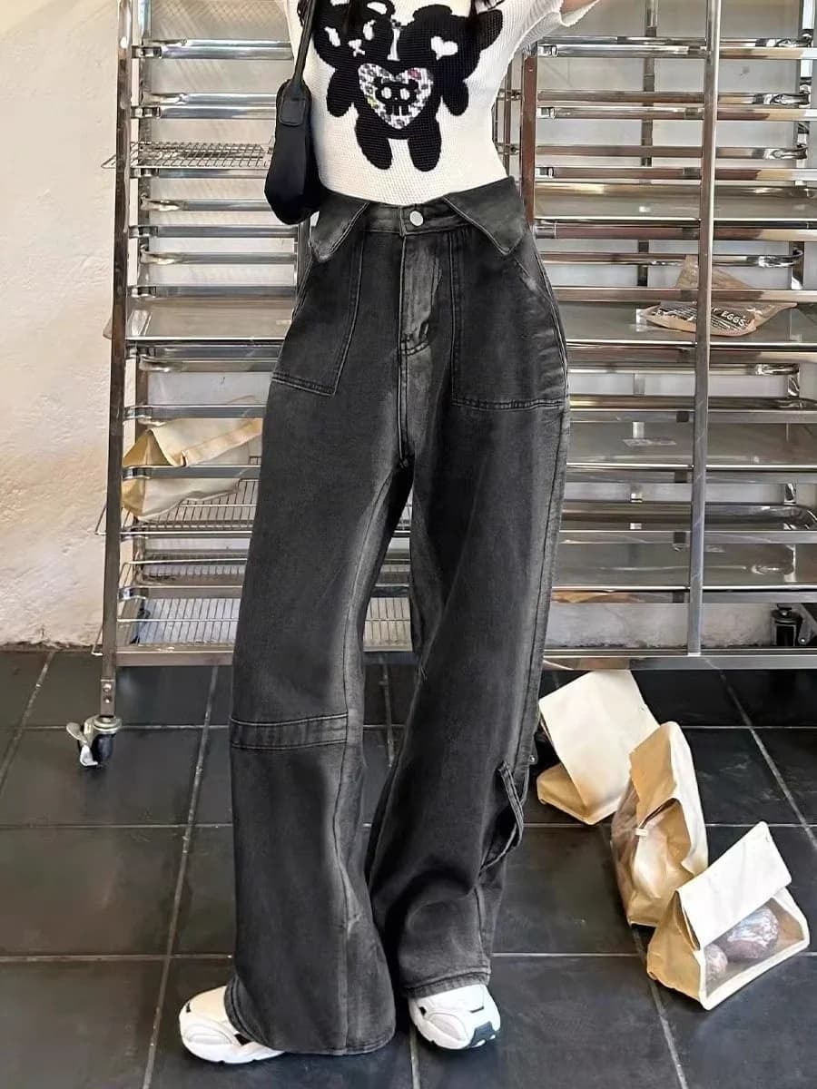 American Retro High Waist Wide Leg Jeans Flip Autumn Denim Pants Long Trousers High Waist Loose Fit Fall Fashion Trend