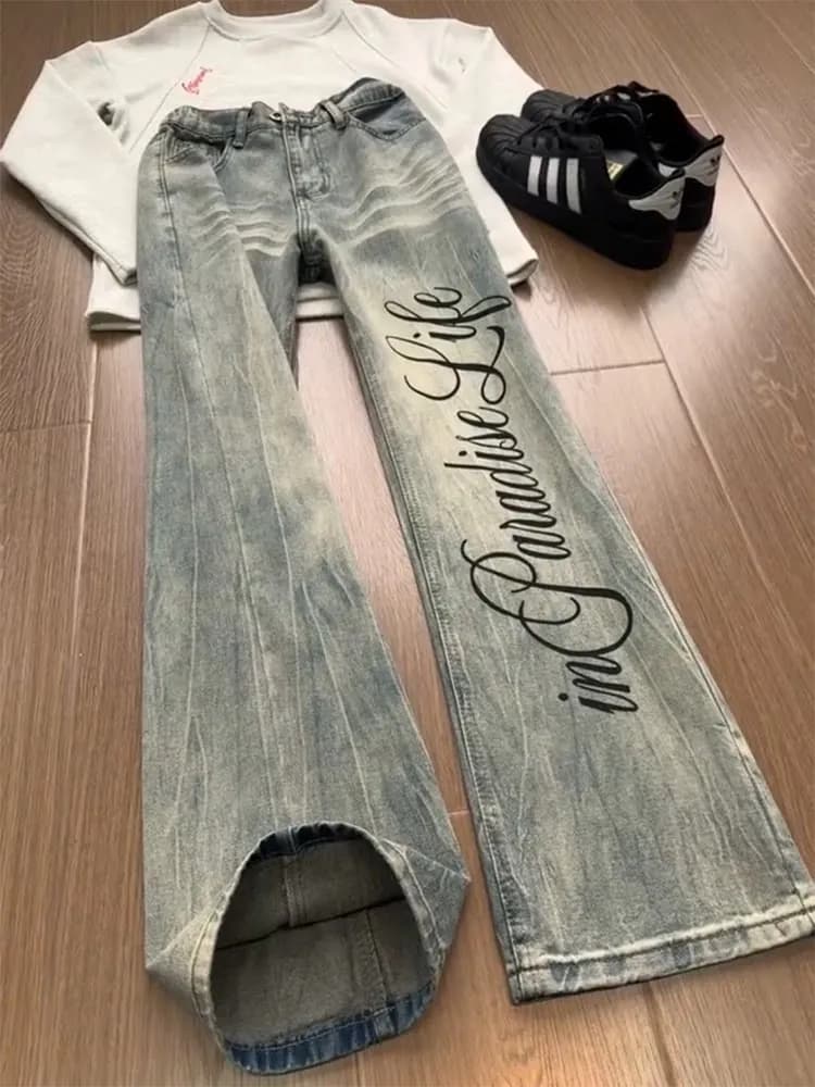 Jeans da Uomo a Zampa d'Elefante con Stampa Flash Hiphop e Motivo Fulmine, Design Esclusivo, Vita Media, Chiusura con Cerniera, Gamba Dritta