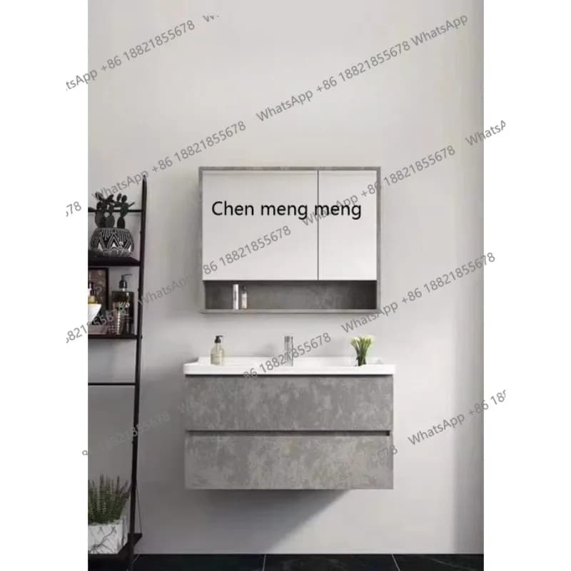 Combinazione di mobili da bagno in stile nordico, mobiletto da parete per bagno in legno massello senza vernice, mobiletto con specchio e lavabo