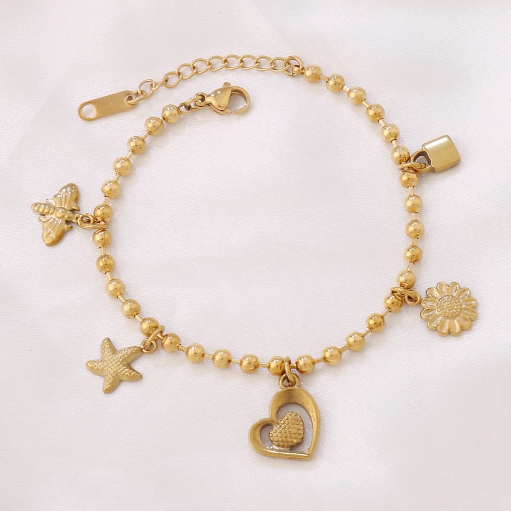 Bracciale con ciondolo a forma di cuore con fiore in acciaio inossidabile 316L, moda, stella marina, con ciondoli, perline, braccialetti a catena per gioielli da donna