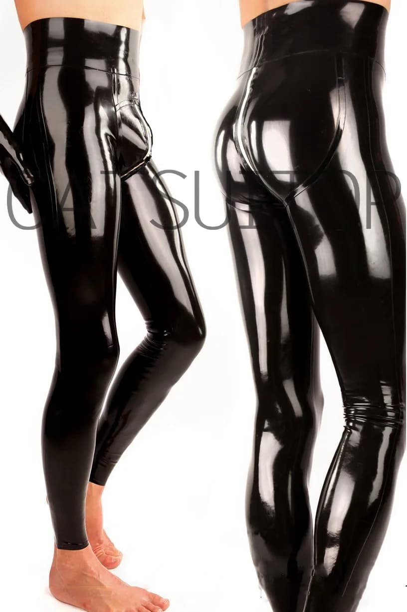 CATSUITOP Nuovi pantaloni da uomo in lattice di gomma con cerniere sul cavallo con taglio 3D a vita alta in nero senza guanti