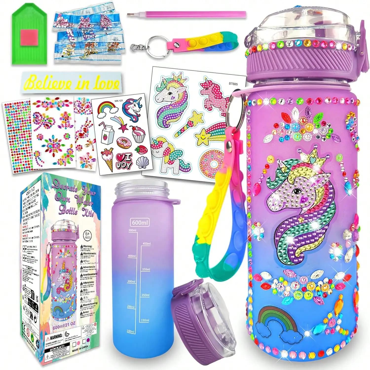 Set Creativo per Bottiglie d'Acqua per Ragazze, Kit Artistico per Dipingere Gemme, Regalo di Compleanno Fai-da-Te per 6+ Anni