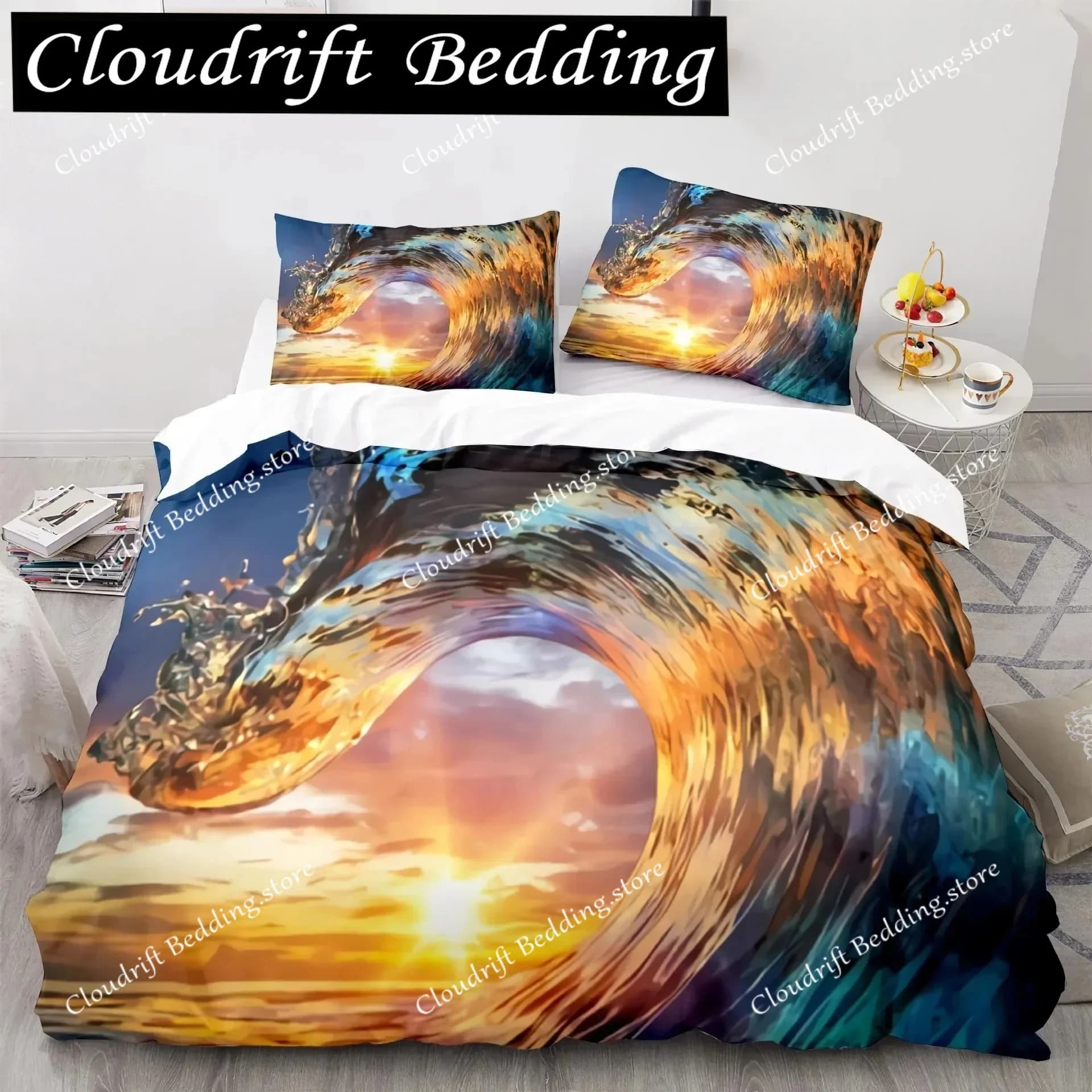 Set Copripiumino 3D con Motivo Ondulato, Set Biancheria da Letto Nautica con Barca a Vela, Copripiumino in Poliestere per Letto Singolo, Matrimoniale, Queen e King