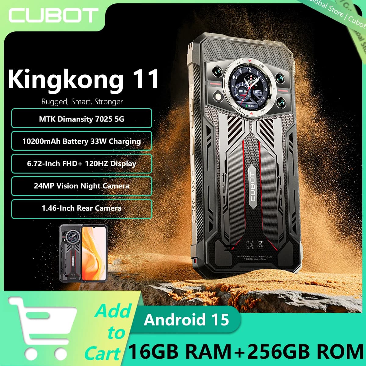 Cubot Kingkong 11 Telefono robusto Dimensity 7025 5G Display posteriore da 1,45 pollici Batteria da 10200 mAh 33 W 16 GB di RAM + 256 GB di ROM 108 MP Fotocamera NFC