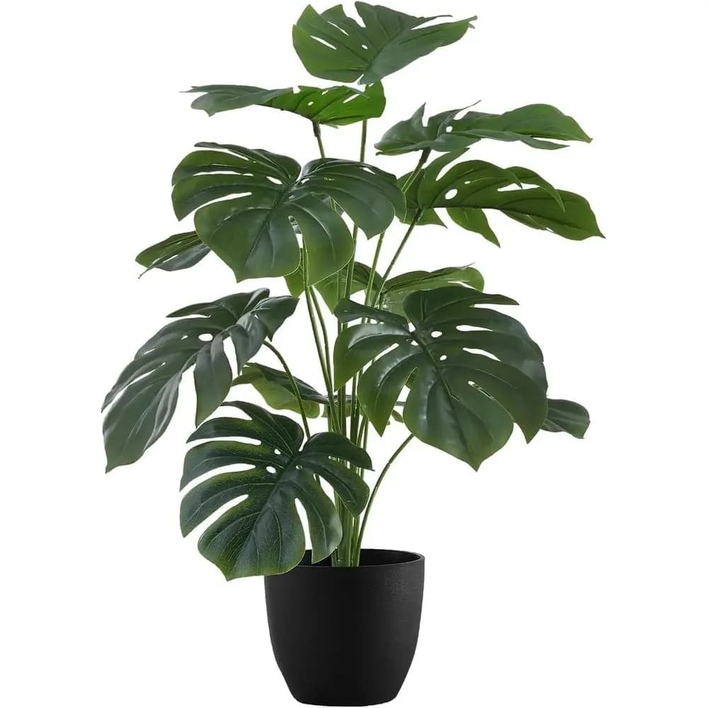 Artificial Plant Monstera Real Touch High 24 Inch, Green for Interior with Black Vase for Table Decoration