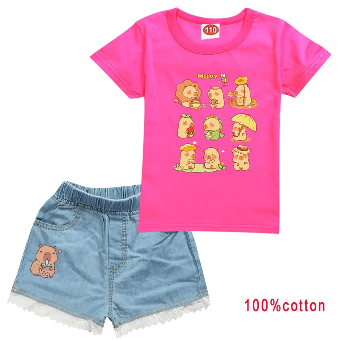 Cute Capybara Clothes Baby Girls Short Sleeve T-shirt+denim Jeans 2Pcs Sets Children Boutique Outfits Kids Clothing Boys Pajamas