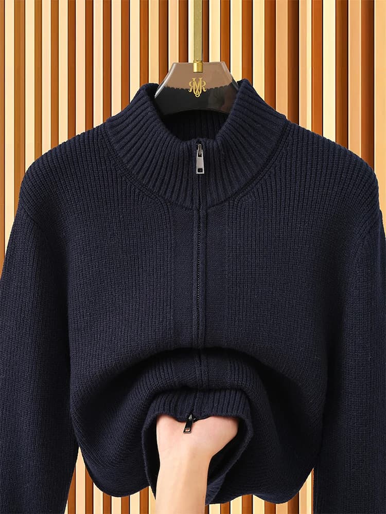 Cardigan da Uomo in Maglia Spessa con Doppia Cerniera, Collo Mezzo Alto, Maglione in Lana a 14 Aghi