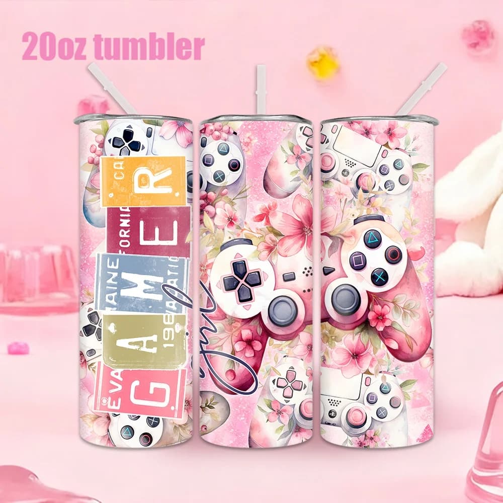 1 bottiglia d'acqua in acciaio inossidabile con motivo floreale rosa e motivo controller di gioco, con cannuccia - 20 once (591 ml)
