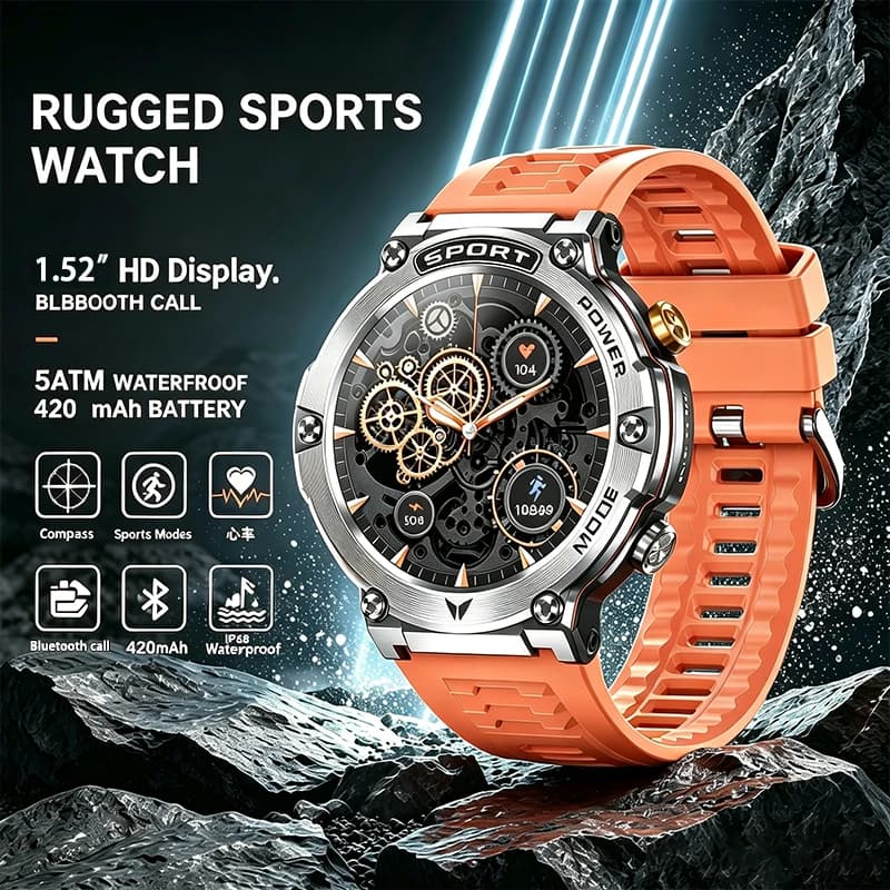 GEJIAN Outdoor Sports Smart Watch 1.52 "HD Screen with Heart Rate Sleep Bluetooth Call Compass IP68 Sports Tracking Smartwatch