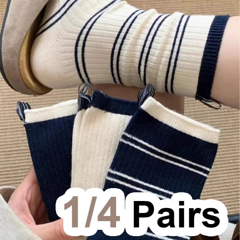 1/4 Pair Women Korean Striped Mid Tube Sock Fashionable Style Soft Comfortable Sweat Absorbing Breathable All Season Casual Sock