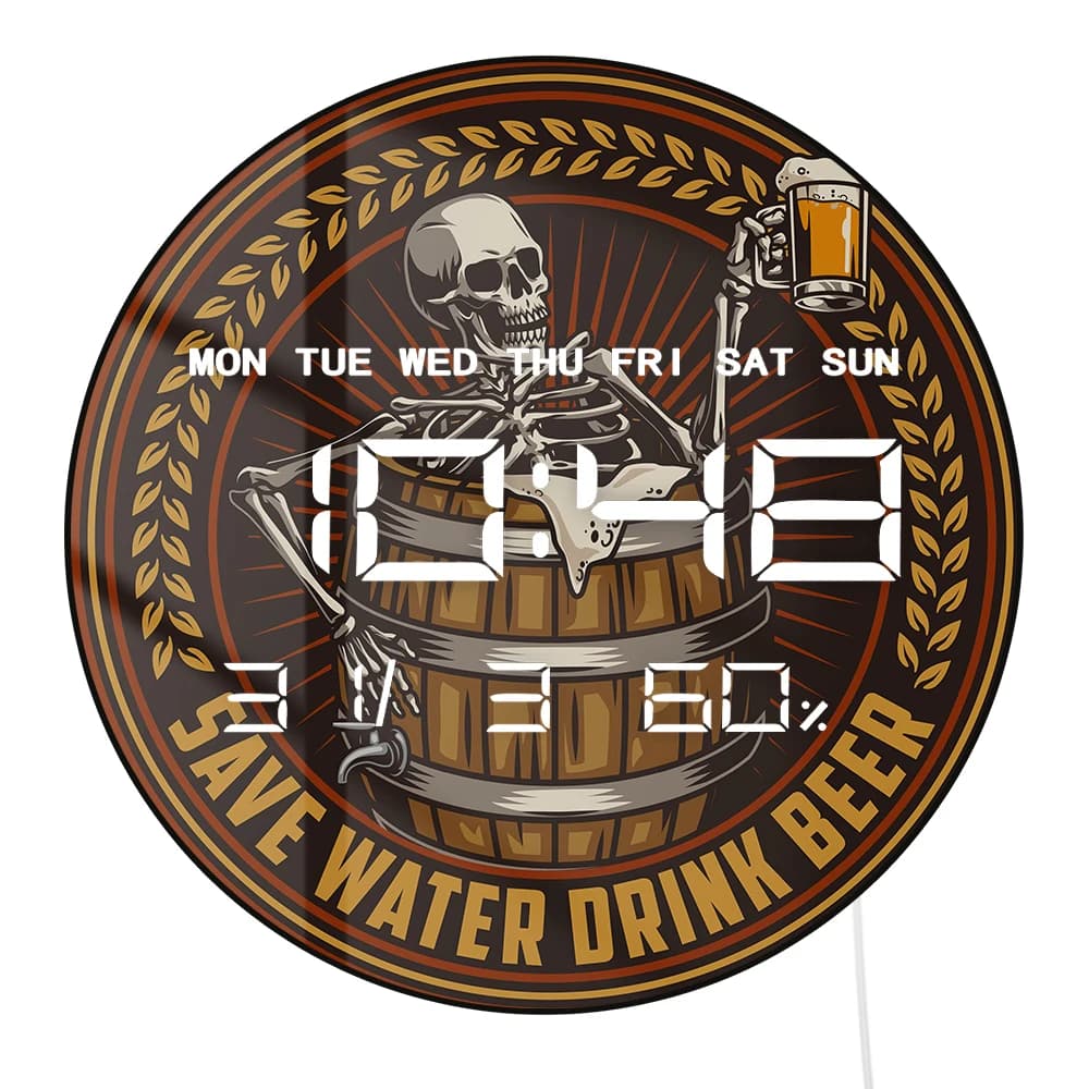 Orologio da Parete Elettronico a LED con Scheletro che Beve Birra, Timer 12/24 Ore, Data, Temperatura, Calendario, Decorazione per la Casa