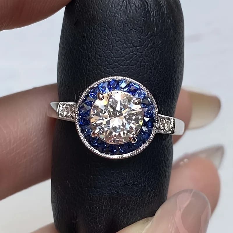 Anello di zircone blu bianco brillante rotondo vintage di moda classica Accessori di gioielli per fede nuziale di fidanzamento elegante di lusso da donna