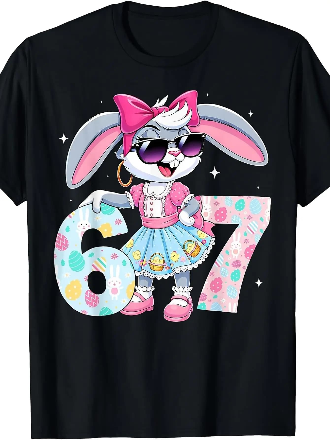 A fun Easter T-shirt for children with a design with 67 rabbits, perfect for warm weather