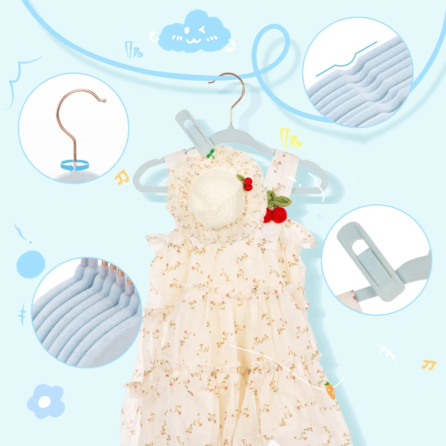 30/50 Pack Baby Velvet Hangers - 11 Inch Non-Slip, Slim Space-Saving Children Closet Hangers - 360° Swivel Hook, Strong & Durable Infant & Toddler Clothes Hangers for Wardrobe