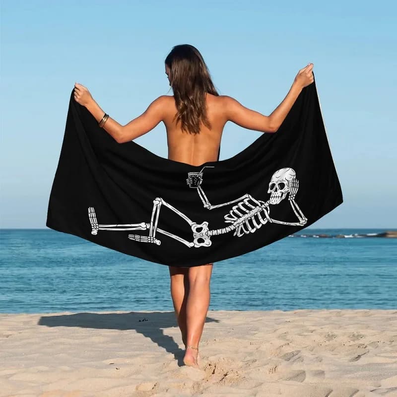 Divertente teschio nero morte stampato telo mare tappetino da spiaggia in morbida microfibra ad asciugatura rapida grande asciugamano moda spa uomo donna regalo di Halloween