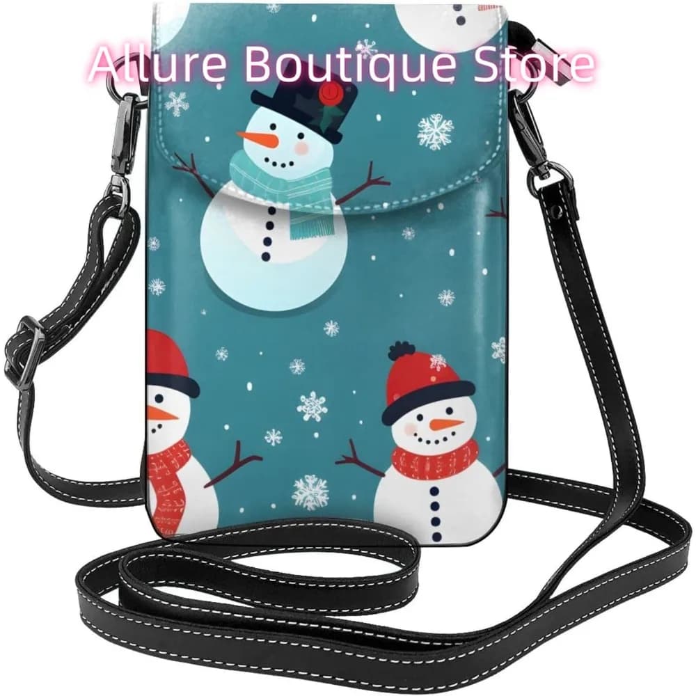 Christmas Cartoon Snowman Crossbody Bag for Women PU Leather Small Travel Cell Phone Pouch Lightweight Mini Phone Purse Wallet C