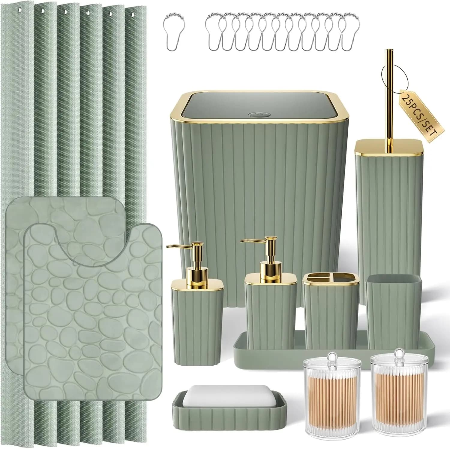 Set da Bagno Verde Salvia - 25 Pezzi con Tenda Doccia, Tappeti, Cestino e Dispenser Sapone