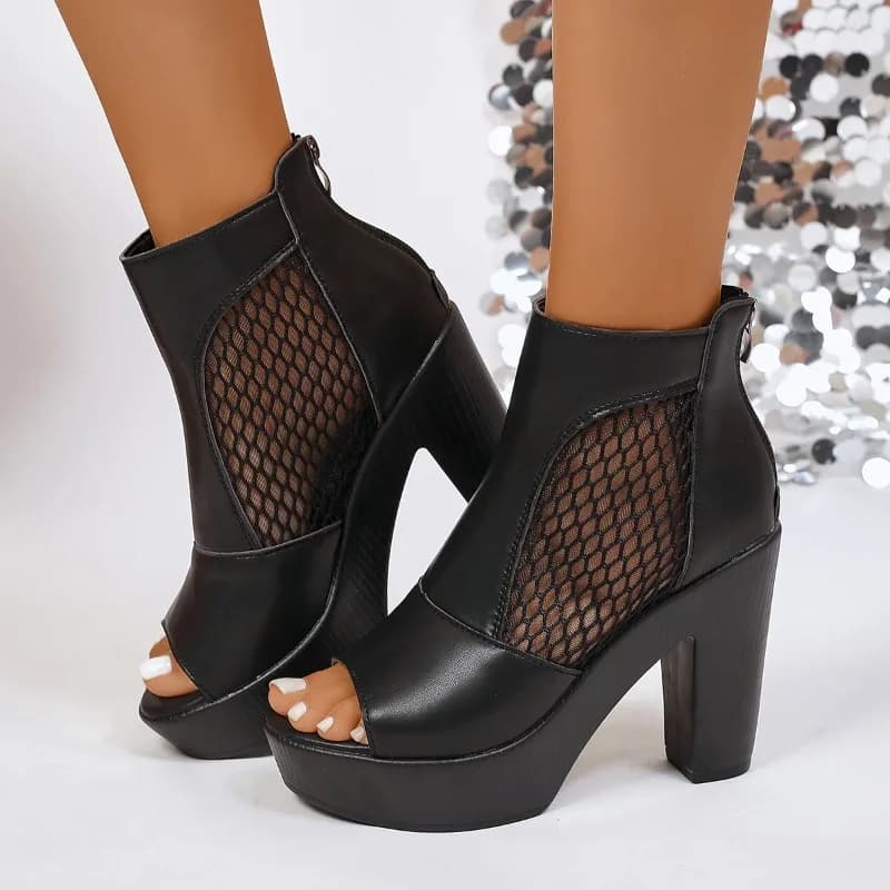 Peep Toe Cutout Lace Soft Leather Shoes Women Summer 2026 Block High Heels Gladiator Sandals Sexy Booties