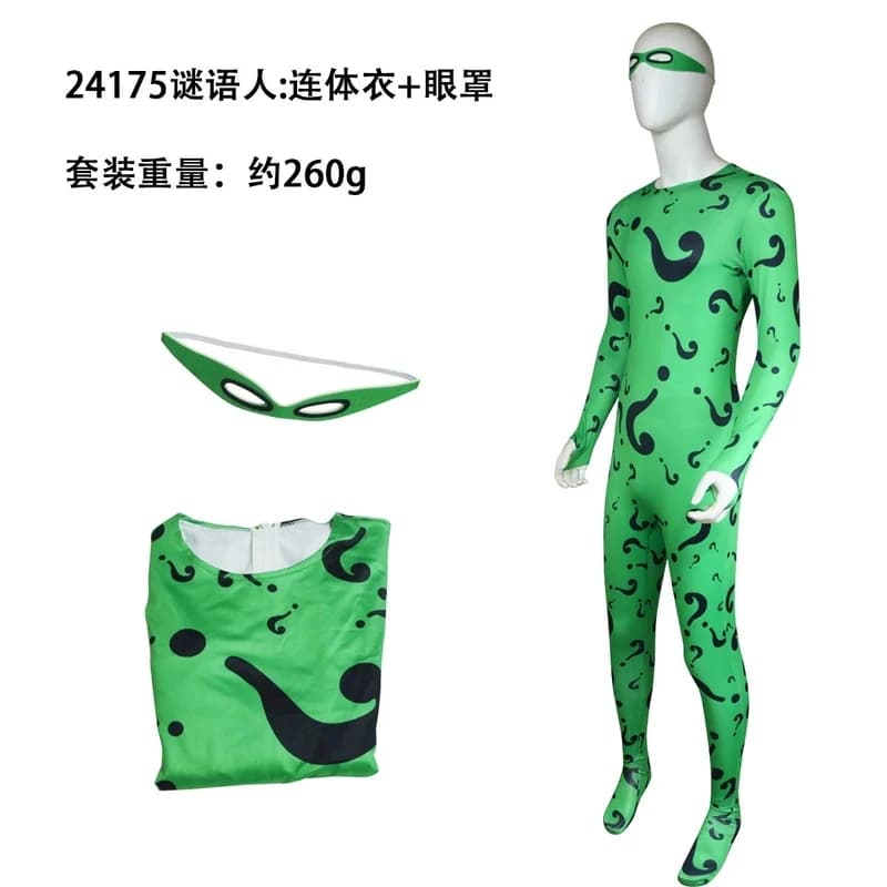 Costume da uomo adulto Edward Nygma (Riddler) con maschera e copricapo, tuta attillata per performance, travestimento e feste.