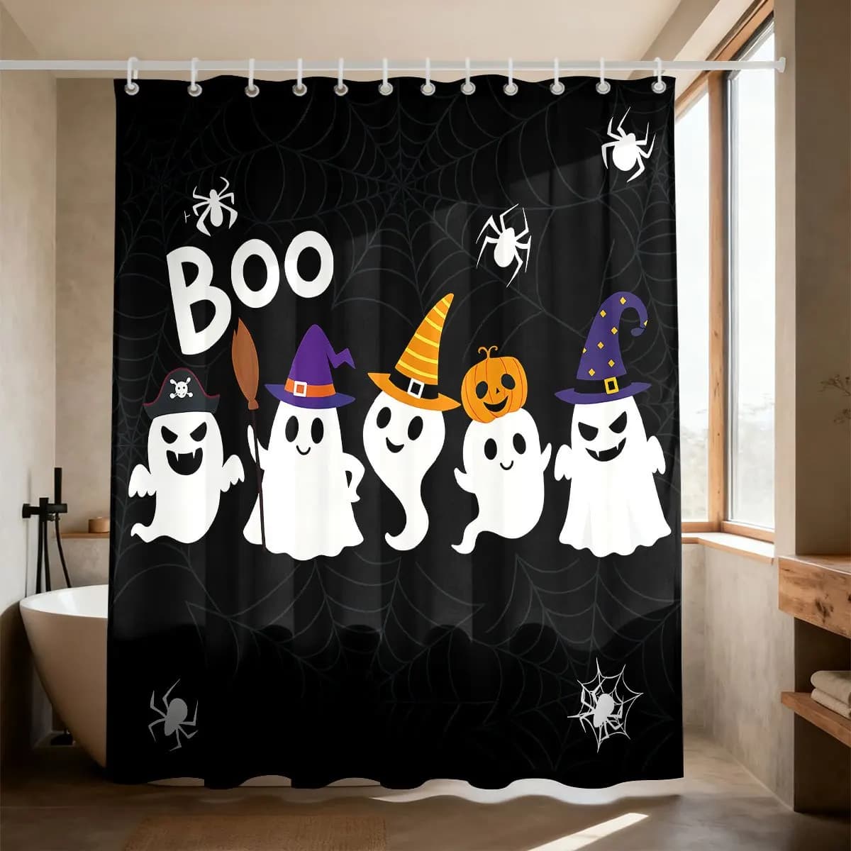 Halloween Shower Curtain, Polyester Digital Print Cute Ghost Boo Spider Web Pattern Waterproof Fabric Bathroom Shower Curtain