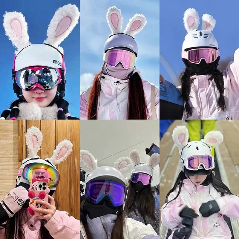 Decoration for Ski helmet, Wall decal with Rabbit Earrings in Plush, Motorcycle Helmet Accessories