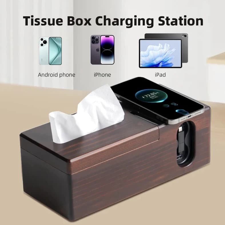 Compact hot selling wood charging station with USB hub to 5 devices and multifunctional charger for paper storage