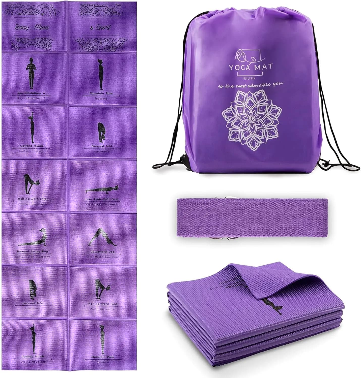 Tappetino Yoga Pieghevole Antiscivolo per Donne, Spessore 5mm con Cinghia per Casa, Palestra e Viaggi, 68x24 Pollici