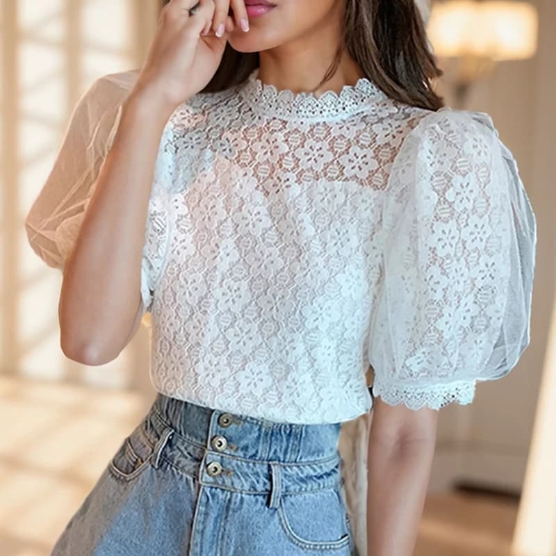 Elegante estate manica corta camicetta di pizzo donna colletto alla coreana camicia bianca dolce coreano top fiore uncinetto vestiti Blusas 27168