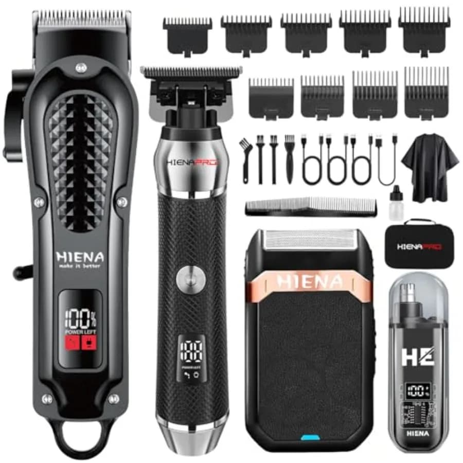 Professional Cordless Hair Clippers for Men, T-Blade Beard Trimmer and Foil Shaver and Nose Hair Trimmer Set, Rechargeable Elec