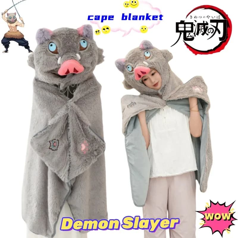 Demon Slayer Hashibira Inosuke cartone animato carino mantello con cappuccio coperta per spalle calda coperta per aria condizionata per dormitori studenti
