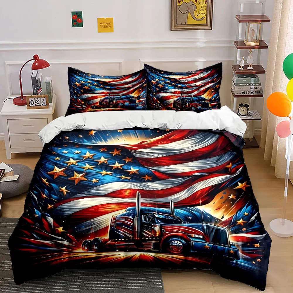 Set copripiumino con motivo bandiera americana e camion, stampa digitale, biancheria da letto colorata in poliestere con chiusura a cerniera, ideale come regalo