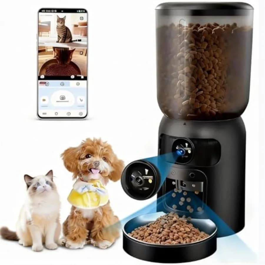 Distributore Automatico Intelligente per Animali Domestici con Doppia Telecamera e Controllo Tramite App 5G WiFi: Contenitore per Cibo da 5L in Nero Opaco con Video HD 2K e La