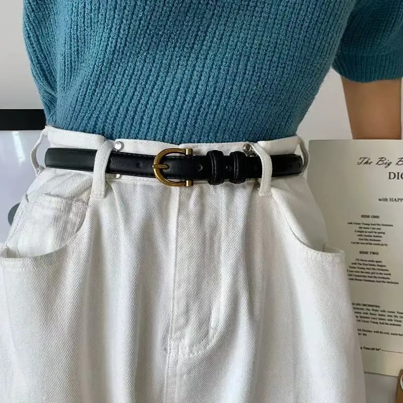 Accessorio cintura da donna con gonna, pratico maglione da abito, jeans versatili, cintura nera alla moda in stile coreano.